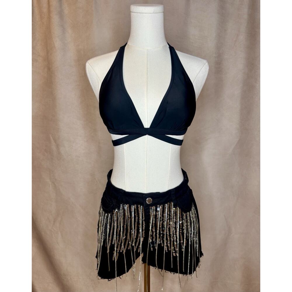Lulus Black Bikini Top Halter Strappy Back Triangle Swim S